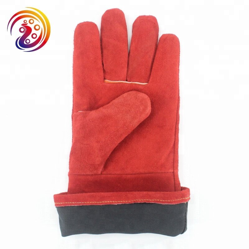 Red Cow Split Working Gloves Manufacturer - Double Palm Heat Resistant Welding Safety with Fire Lane
