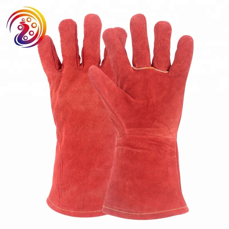 Red Cow Split Working Gloves Manufacturer - Double Palm Heat Resistant Welding Safety with Fire Lane