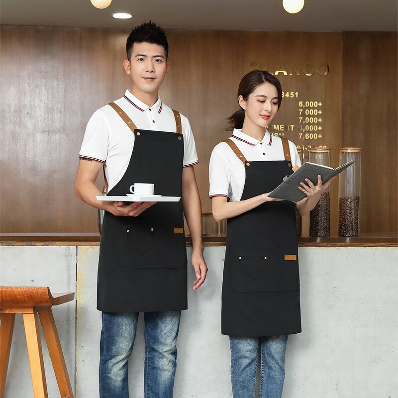 Nordic Bib Apron Supplier - Stylish Cotton Waterproof Canvas Leather Waistband Chef Kitchen Bakery