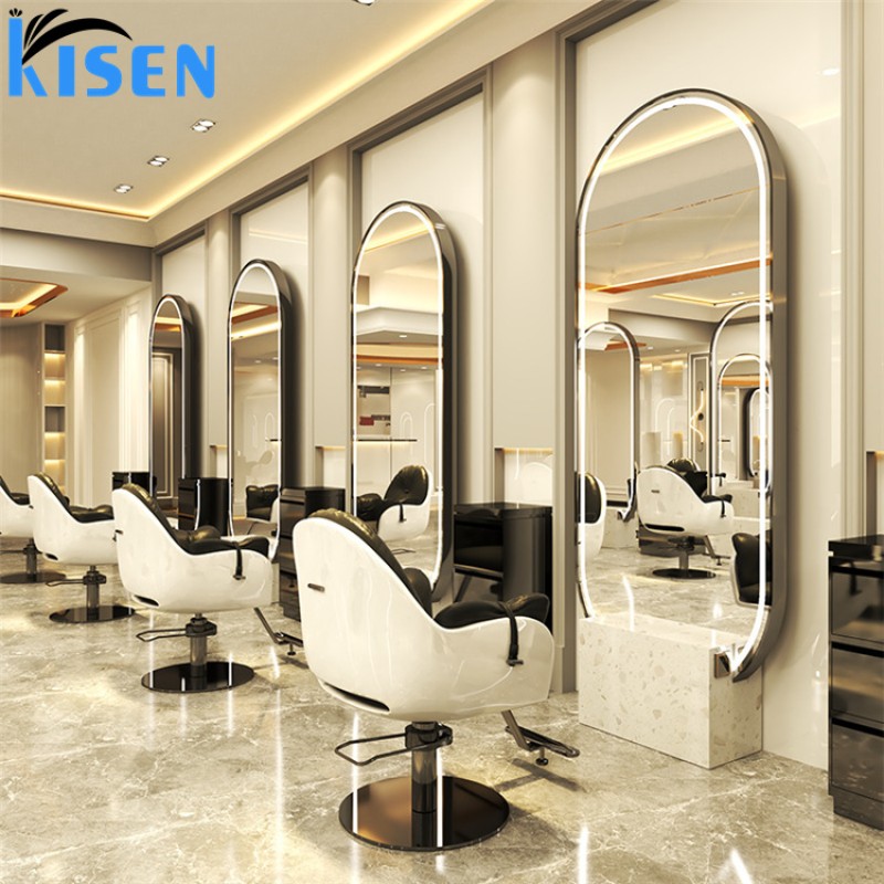 Kisen Modern Luxury Salon Equipment Furniture Makeup Beauty Single/Double Side LED Light Barbershop Mirror on Sale