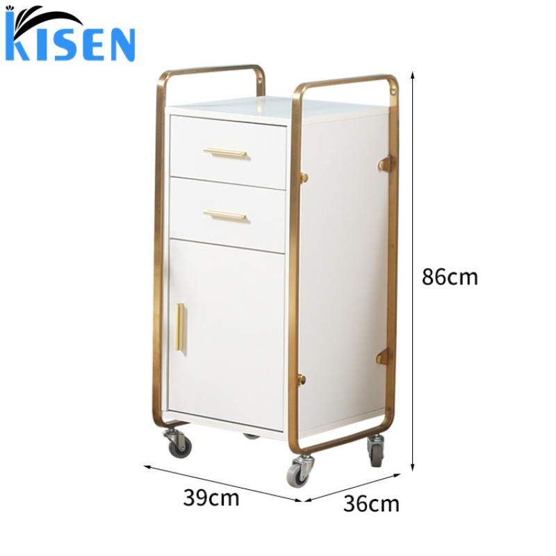 Kisen Cheaper Beauty Spa Nail Salon Furniture Equipment Plywood MDF White with Gold Metal Trolley Cart with Drawer for Sale