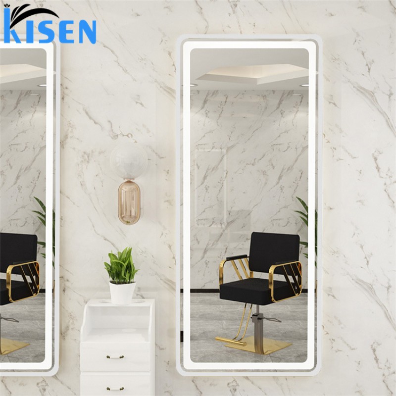 Kisen Classic High Gloss Salon Mirror Factory-Priced Wall Mount LED Light Hair Spa Mirror Station Black with Salon Chair