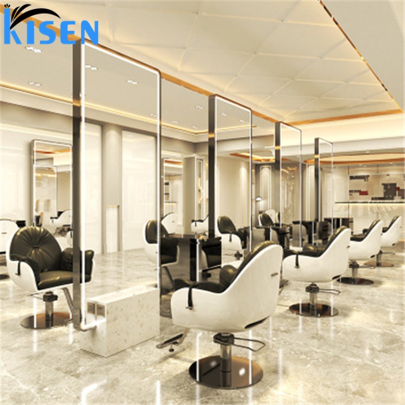 Kisen Modern Luxury Salon Equipment Furniture Makeup Beauty Single/Double Side LED Light Barbershop Mirror on Sale