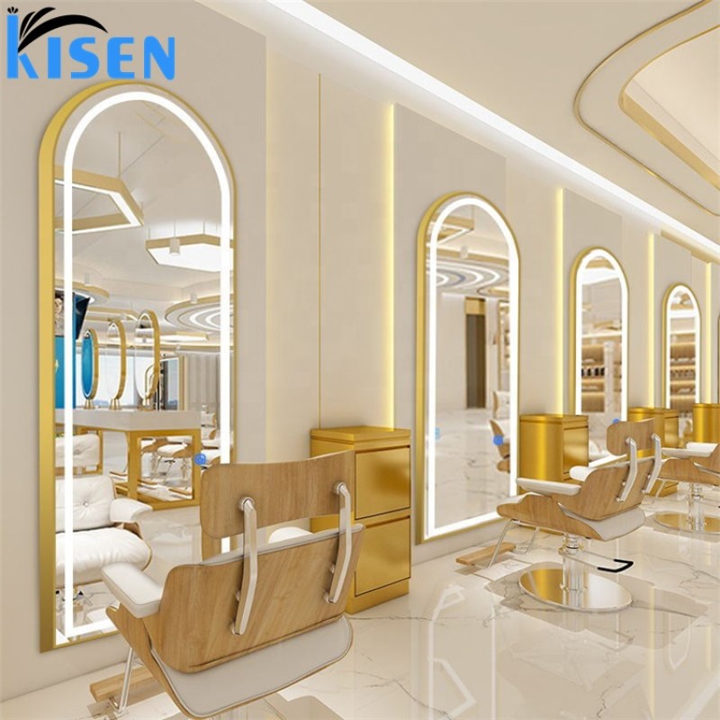 Kisen Salon Furniture Round Hair Salon Barber Shop Floor Double Side Gold Silver Mirror Stations with LED Light