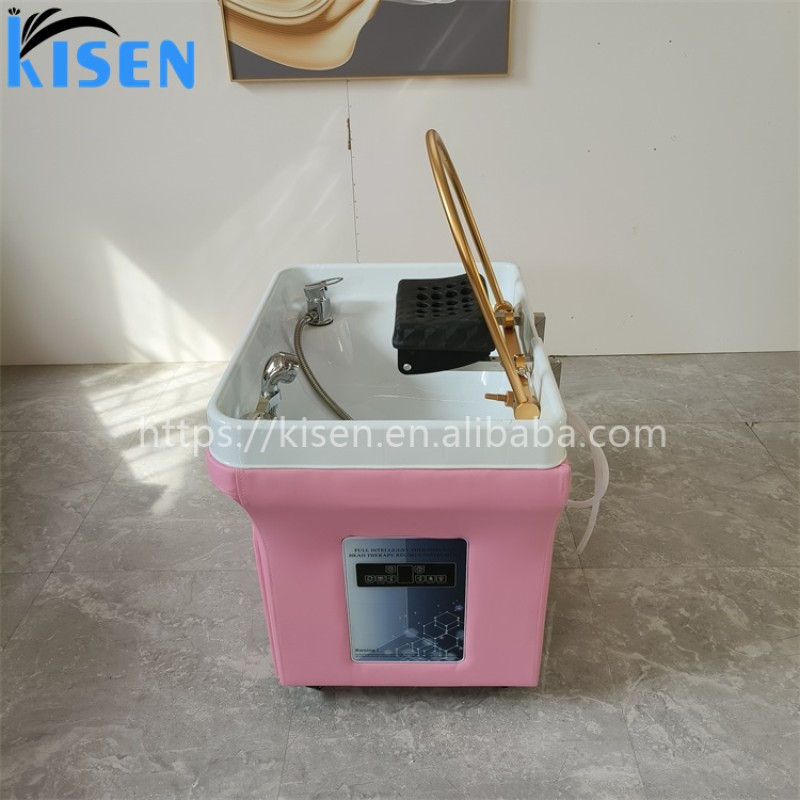 Kisen Hot Sale Modern Cheap Pink PU Leather Salon Portable Shampoo Chair With Head Therapy and Steaming
