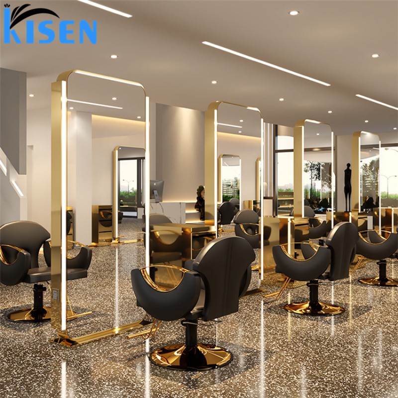 Kisen Professional Beauty Gold Salon Furniture Stainless Steel Hair Salon Mirror Double Sides LED Light Salon Mirror for Sale