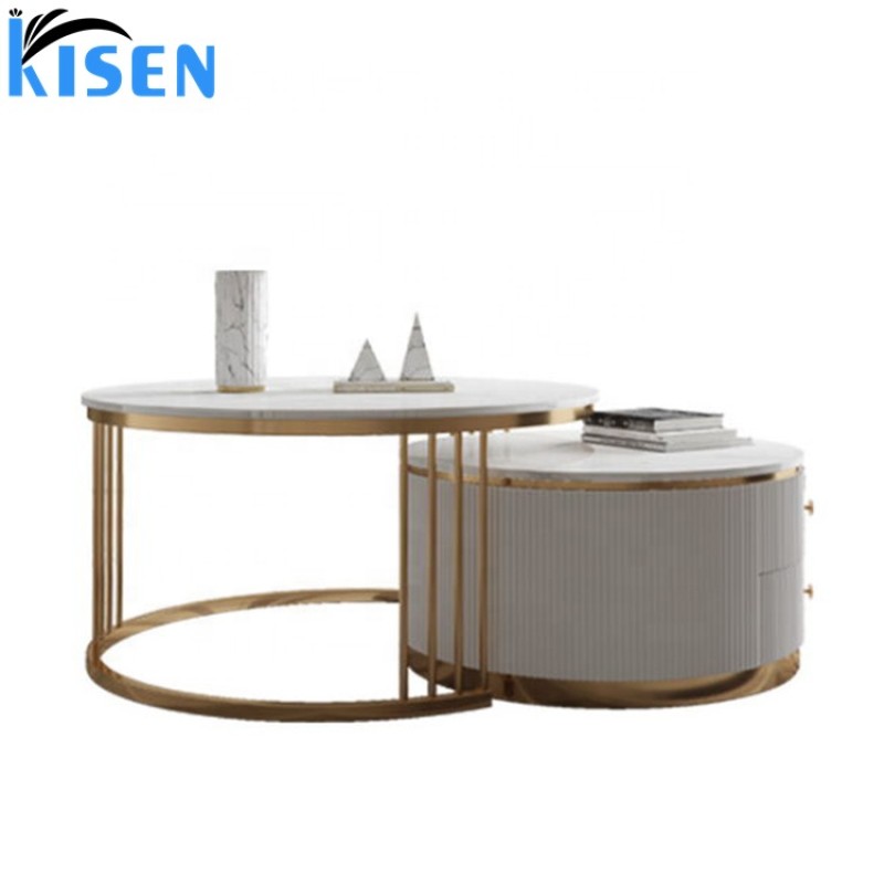 Luxury White Round Reception Table Waiting Room Table Coffee Table Set with Gold Legs for Beauty Salon