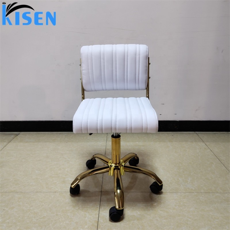 Kisen Hot Selling Beauty Spa Furniture Adjustable pink White Leather Salon Stool Master Small Tech Chair with Gold Base