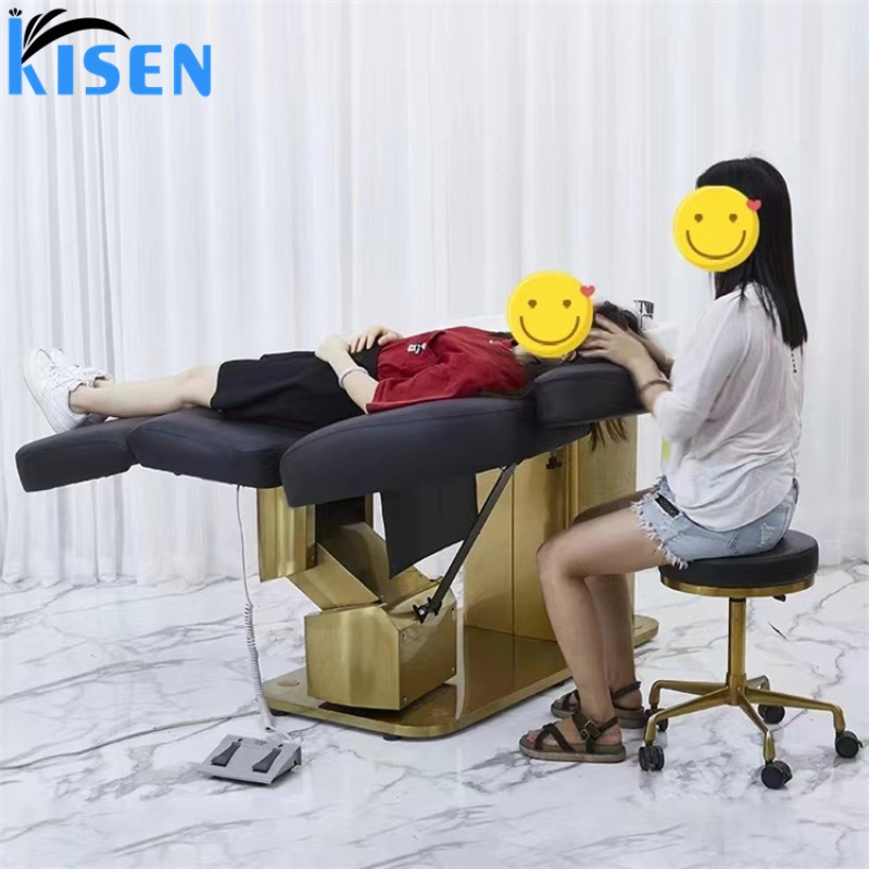 Kisen Hot Sale Color Custom Hair Salon Comfortable Lying Massage Furniture Washing Bed Shampoo Chair With Bowlasin
