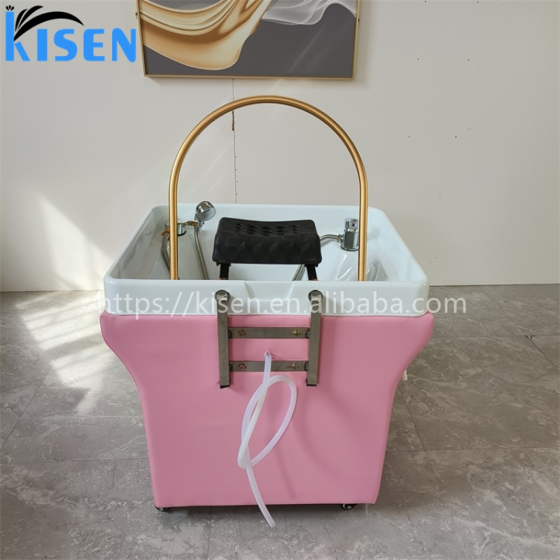 Kisen Hot Sale Modern Cheap Pink PU Leather Salon Portable Shampoo Chair With Head Therapy and Steaming