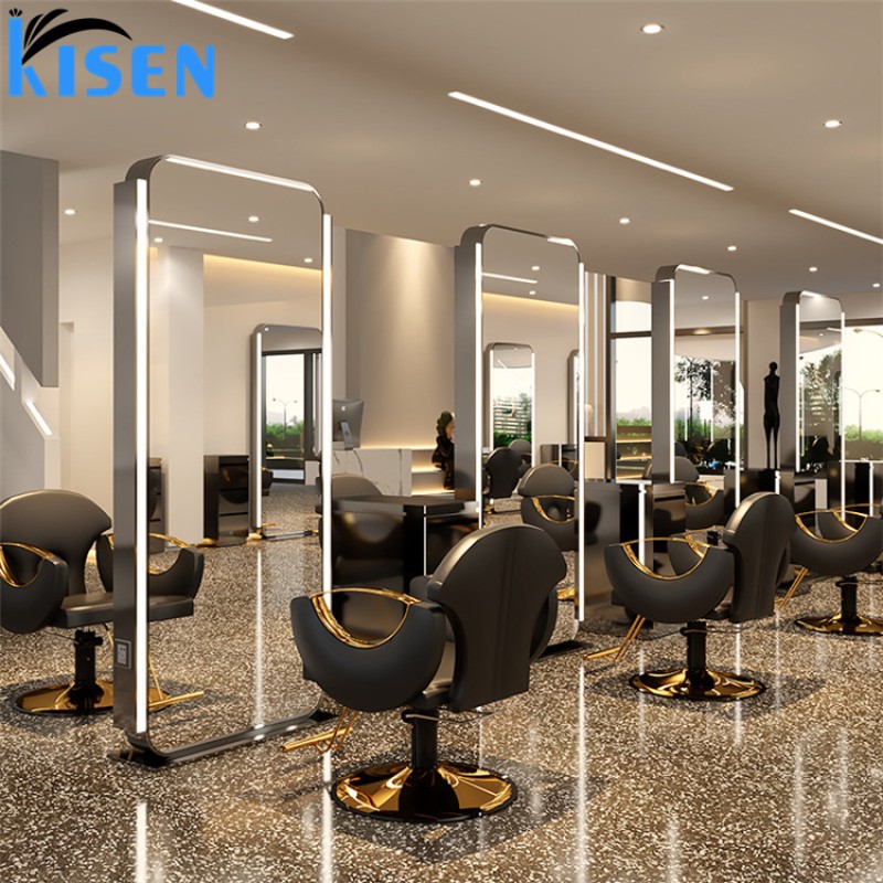Kisen 2025 8 Seats Modern Styling Chair Gold Black Silver Furniture Set for Hair Salon Shop Custom Desk Bowl Double Side Mirror