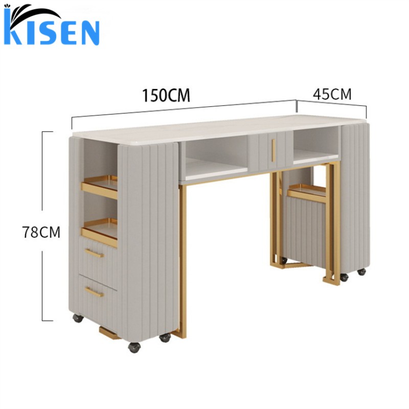 Kisen Hot Sale Color Optional Mesa Para Manicure Nail Table Desk Double Side Marble Effect Nail Tech Desk Table and Chair Set