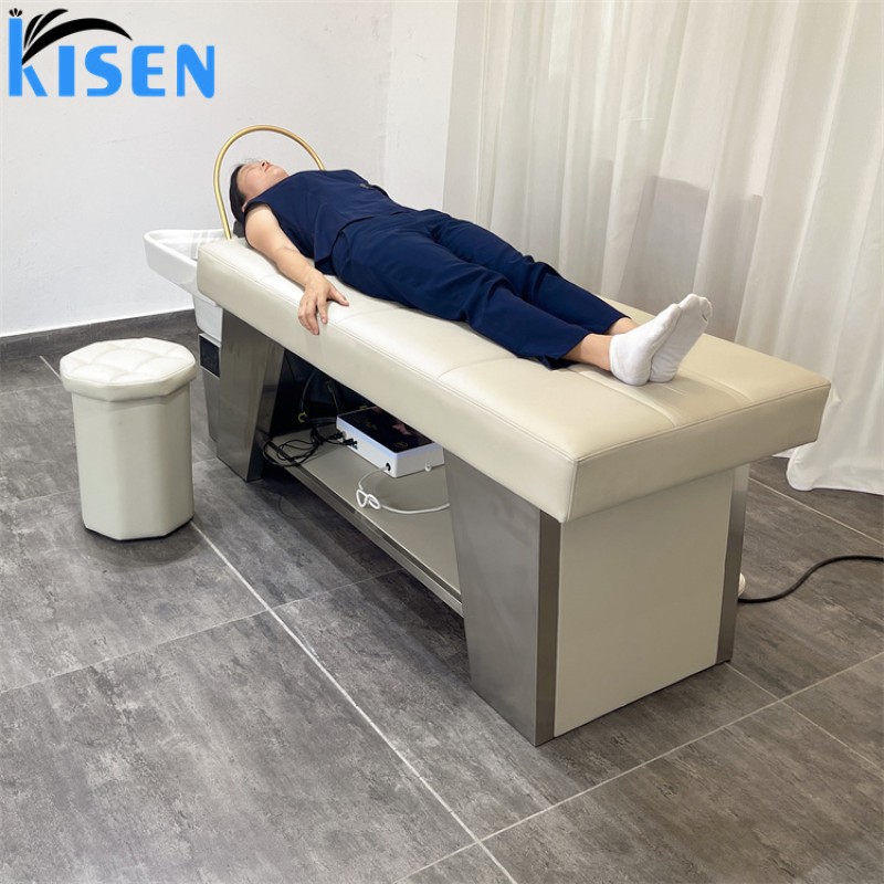 Kisen Hot Sale Grey Hydraulic Massage Shampoo Chair Bed Salon Shampoo Bowl and Chair With Storage Cabinet