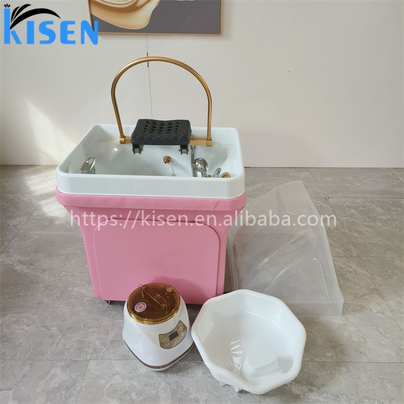 Kisen Hot Sale Modern Cheap Pink PU Leather Salon Portable Shampoo Chair With Head Therapy and Steaming