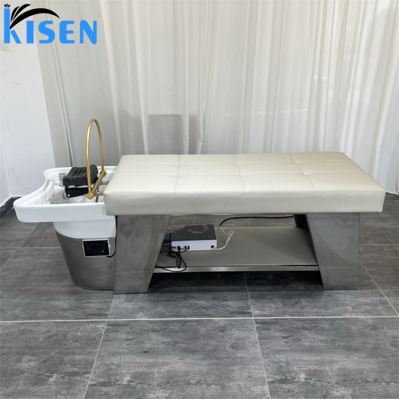 Kisen Hot Sale Grey Hydraulic Massage Shampoo Chair Bed Salon Shampoo Bowl and Chair With Storage Cabinet