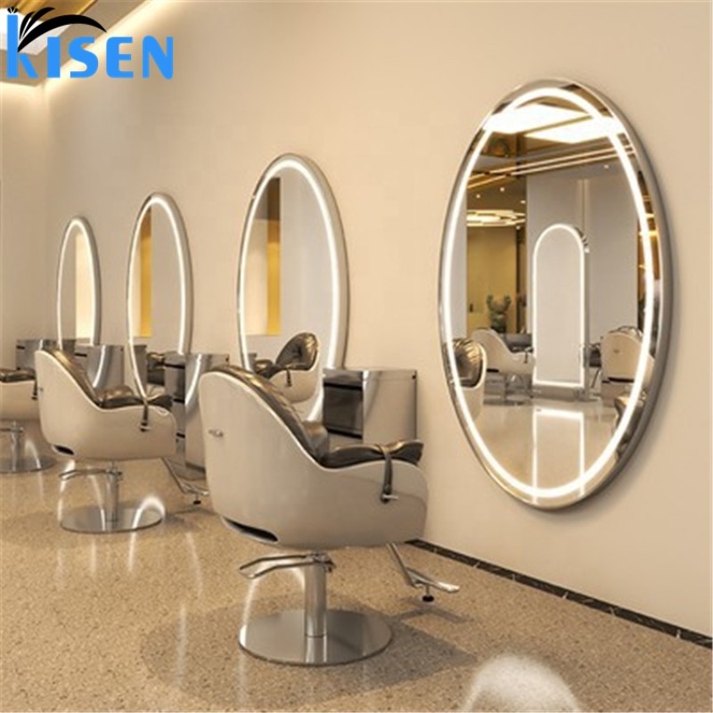 Kisen Salon Furniture Round Hair Salon Barber Shop Floor Double Side Gold Silver Mirror Stations with LED Light