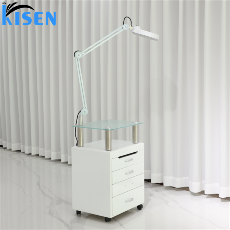 Kisen Beauty Spa Salon Furniture Equipment Beauty Trolley White with Wood Cabinet Cart with Lamp for Beauty Salon