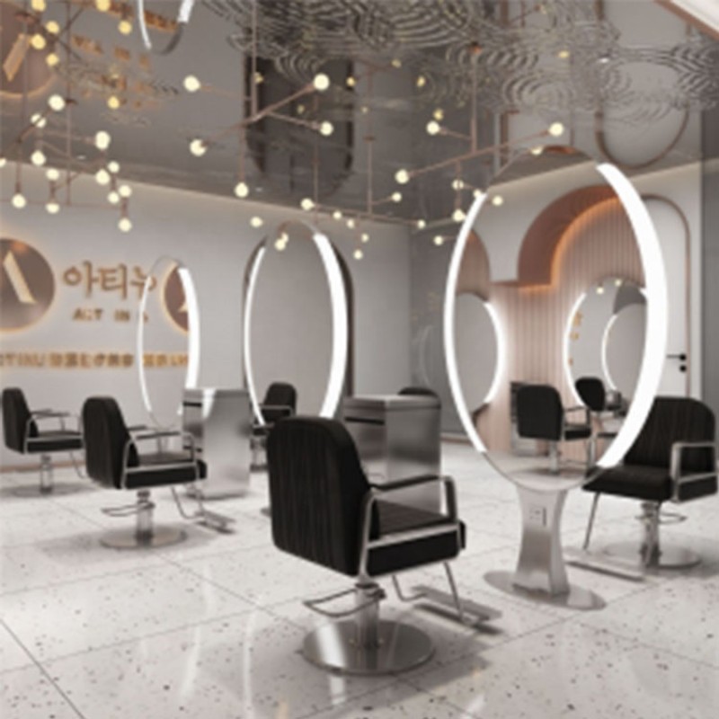 Kisen Salon Furniture Round Hair Salon Barber Shop Floor Double Side Gold Silver Mirror Stations with LED Light
