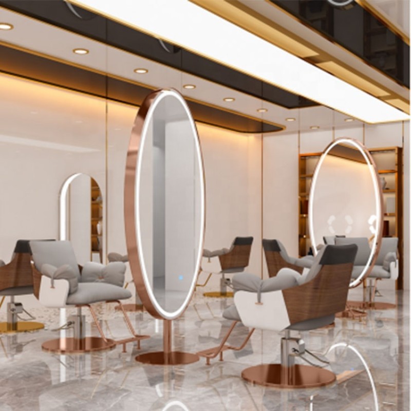 Kisen Salon Furniture Round Hair Salon Barber Shop Floor Double Side Gold Silver Mirror Stations with LED Light
