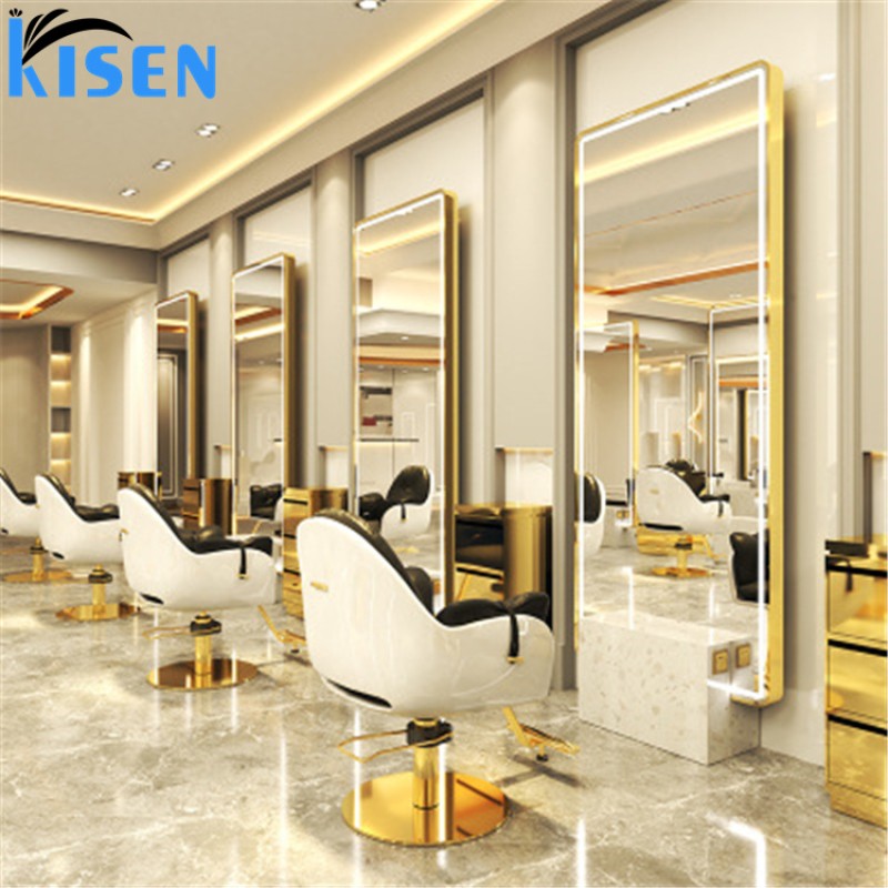 Kisen Modern Luxury Salon Equipment Furniture Makeup Beauty Single/Double Side LED Light Barbershop Mirror on Sale
