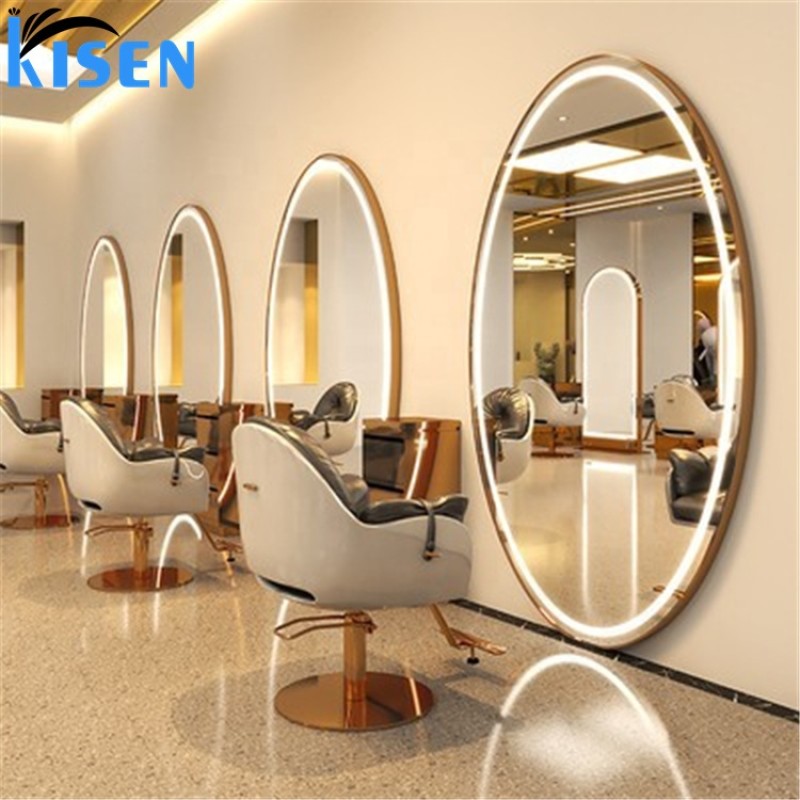 Kisen Salon Furniture Round Hair Salon Barber Shop Floor Double Side Gold Silver Mirror Stations with LED Light