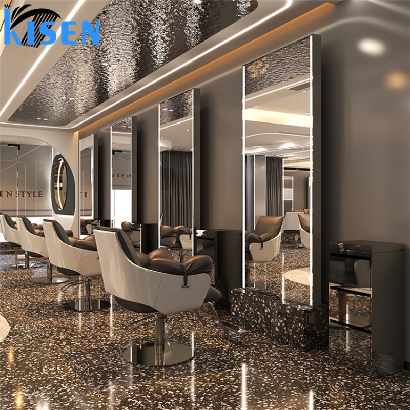 Kisen Professional Beauty Gold Salon Furniture Stainless Steel Hair Salon Mirror Double Sides LED Light Salon Mirror for Sale