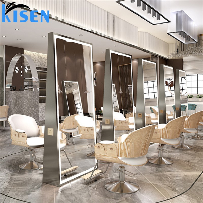 Kisen 2025 8 Seats Modern Styling Chair Gold Black Silver Furniture Set for Hair Salon Shop Custom Desk Bowl Double Side Mirror