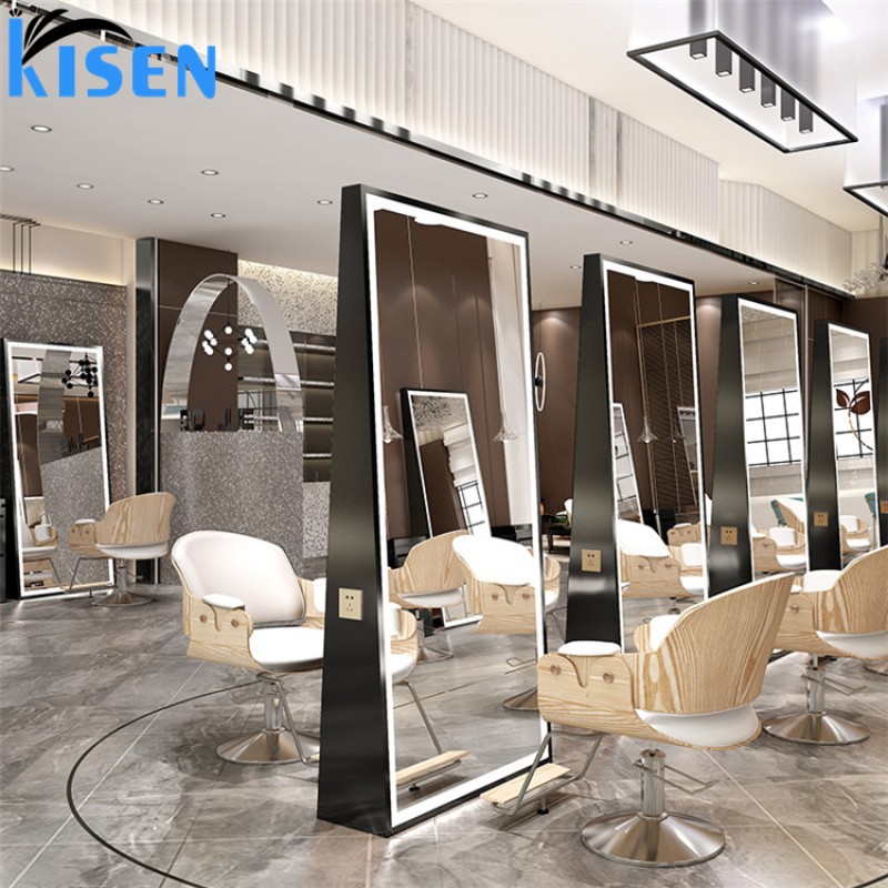 Kisen 2025 8 Seats Modern Styling Chair Gold Black Silver Furniture Set for Hair Salon Shop Custom Desk Bowl Double Side Mirror