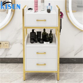 KISEN Good Quality Trolley Cart Hair Salon Furniture Stainless Steel Gold and Black Double Drawer Beauty Salon Trolley for Sale