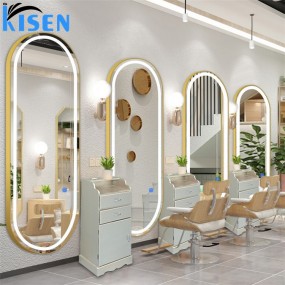 Kisen Classic High Gloss Salon Mirror Factory-Priced Wall Mount LED Light Hair Spa Mirror Station Black with Salon Chair