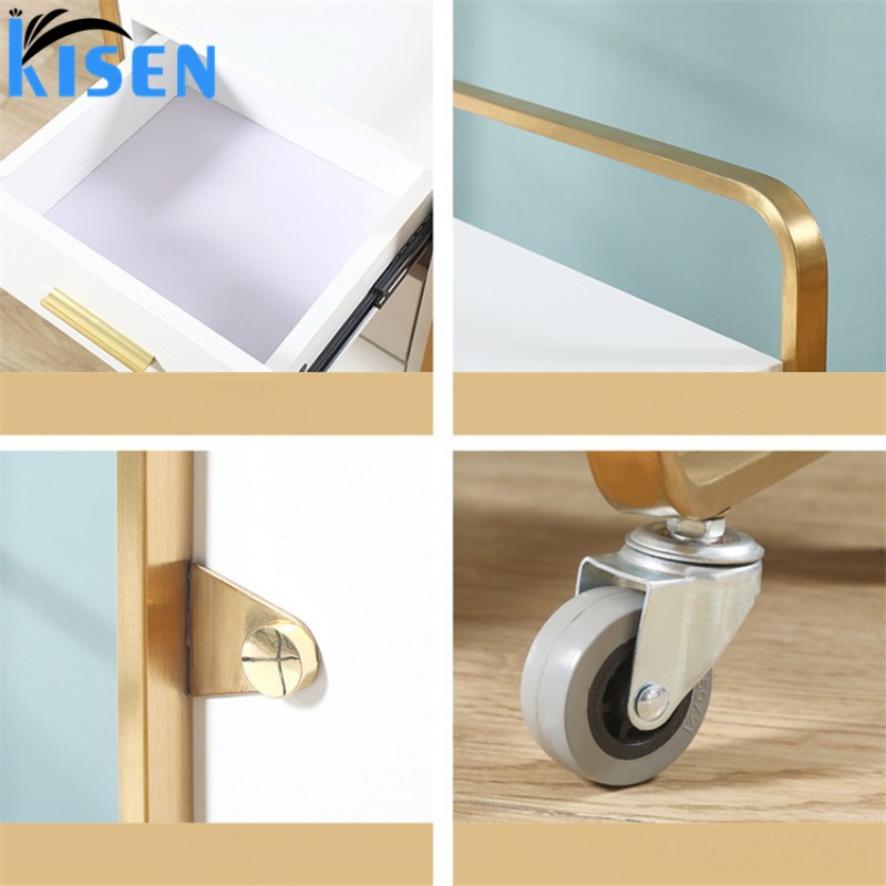 Kisen Cheaper Beauty Spa Nail Salon Furniture Equipment Plywood MDF White with Gold Metal Trolley Cart with Drawer for Sale
