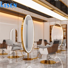 Kisen Professional Beauty Gold Salon Furniture Stainless Steel Hair Salon Mirror Double Sides LED Light Salon Mirror for Sale