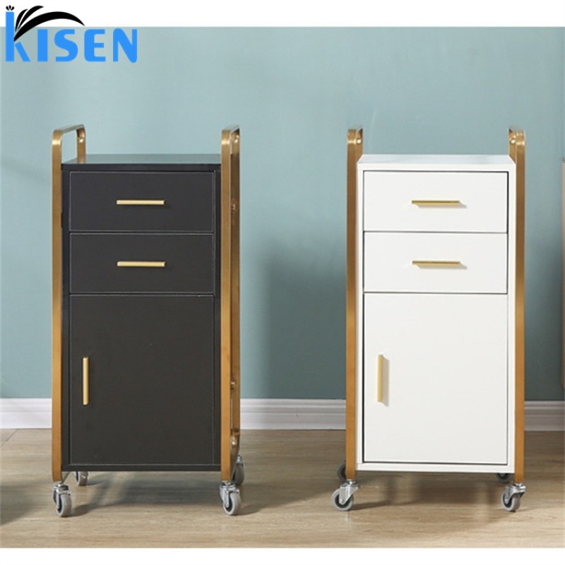 Kisen Cheaper Beauty Spa Nail Salon Furniture Equipment Plywood MDF White with Gold Metal Trolley Cart with Drawer for Sale