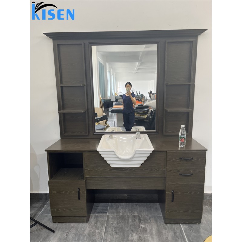 Kisen Direct Sale Barber Stations Newest Salon Furniture with Single Side Glass Mirror for Bathroom Use