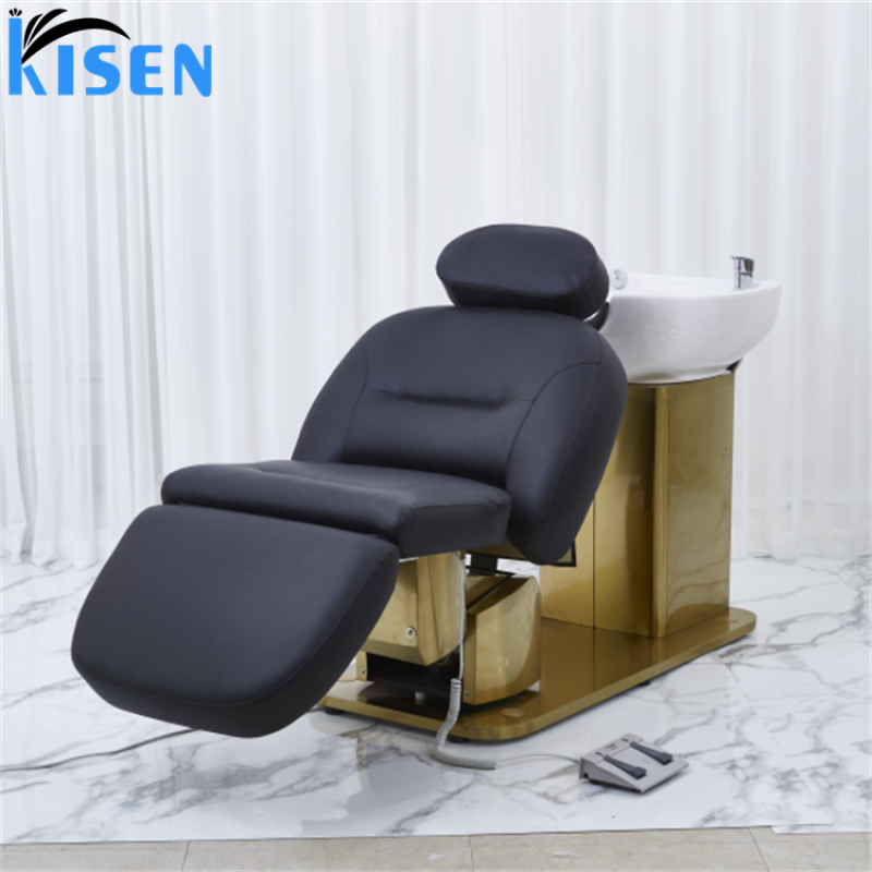 Kisen Beauty Hot Selling Italian Style Shampoo Massage Hair Salon Gold and Black Backwash Chair Electric Massage Shampoo Chair