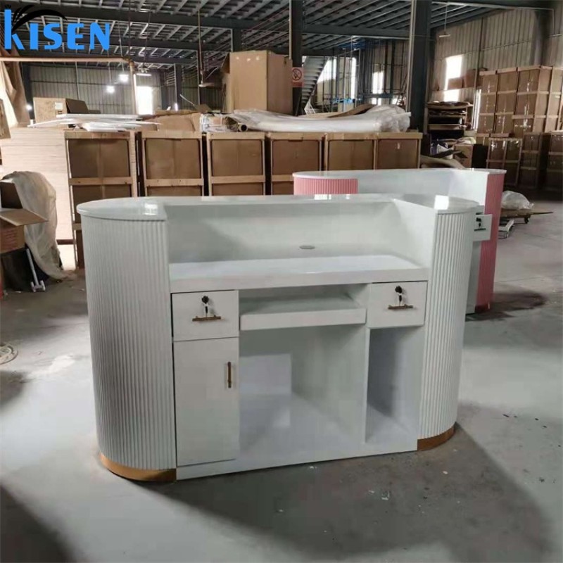 Kisen Luxury Salon pink White Blue Green Counter Reception Desk Front Table Dimension Customizable LOGO and Size for Sale