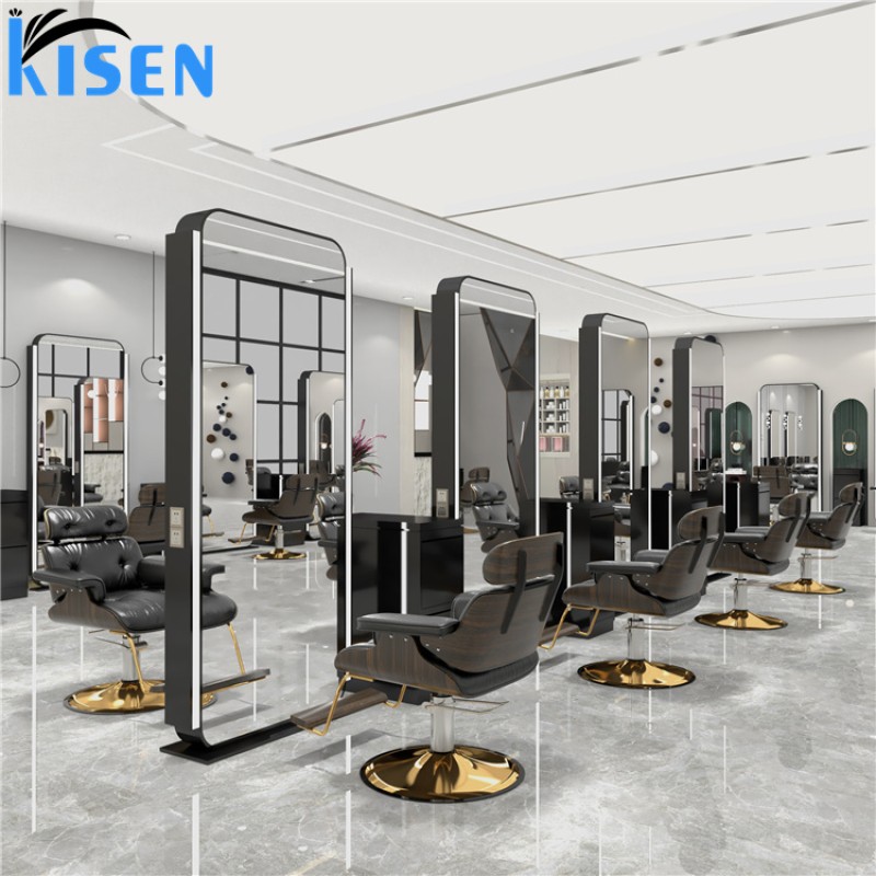 Kisen 2025 8 Seats Modern Styling Chair Gold Black Silver Furniture Set for Hair Salon Shop Custom Desk Bowl Double Side Mirror