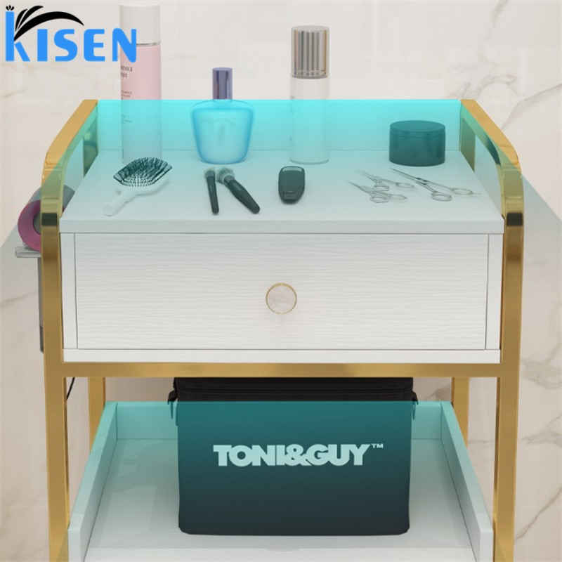 Kisen Luxury Makeup Trolley Cart Hair Salon Furniture Stainless Steel Gold Double Drawer Beauty Salon Trolley