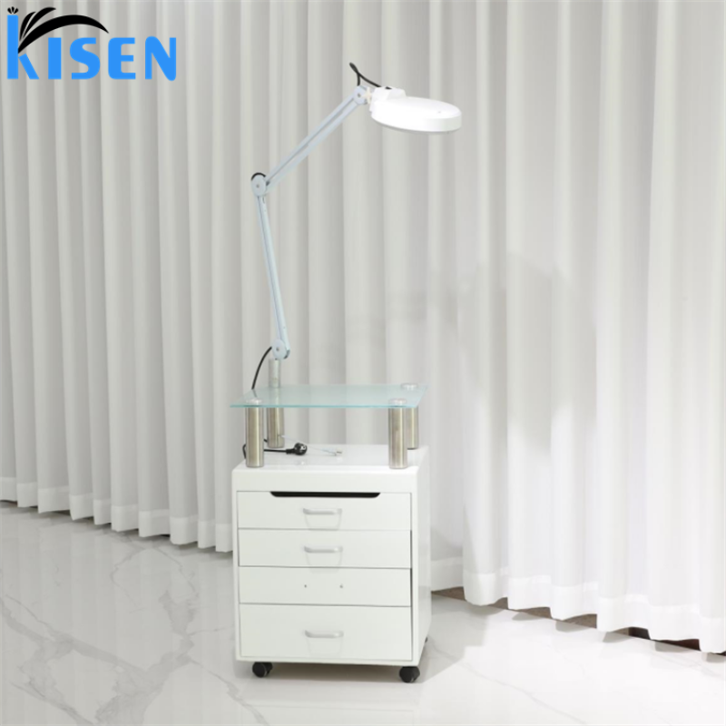 Kisen Beauty Spa Salon Furniture Equipment Beauty Trolley White with Wood Cabinet Cart with Lamp for Beauty Salon