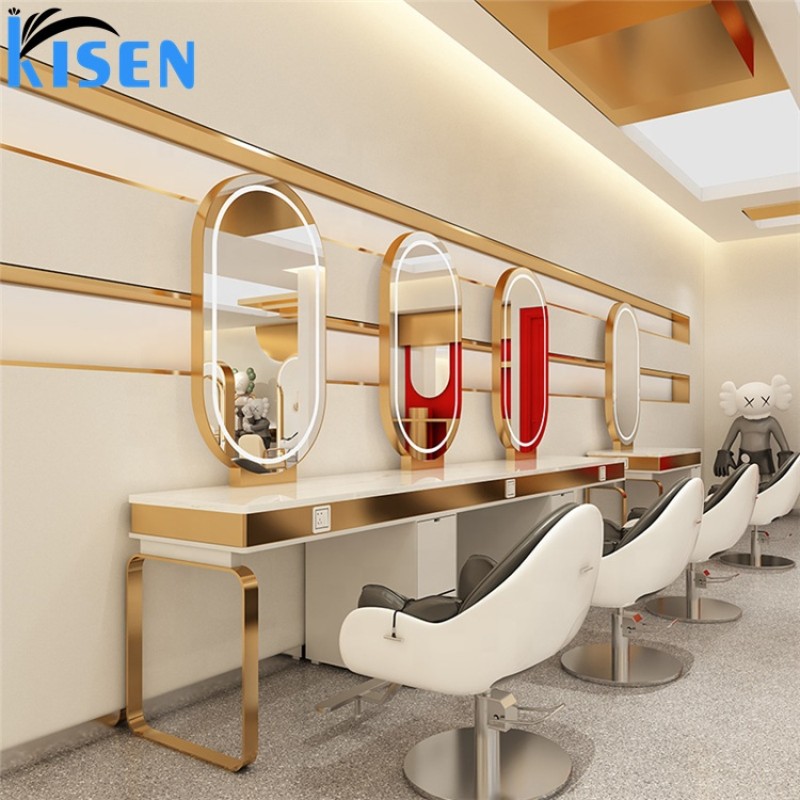 Kisen Salon Furniture Round Hair Salon Barber Shop Floor Double Side Gold Silver Mirror Stations with LED Light