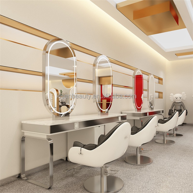Kisen Salon Hair Spa Station Mirror Double Single Seater Gold Silver Black Edges Barber Shop Furniture with Led Light