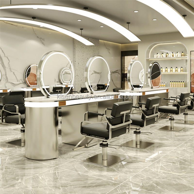 Kisen Salon Hair Spa Station Mirror Double Single Seater Gold Silver Black Edges Barber Shop Furniture with Led Light
