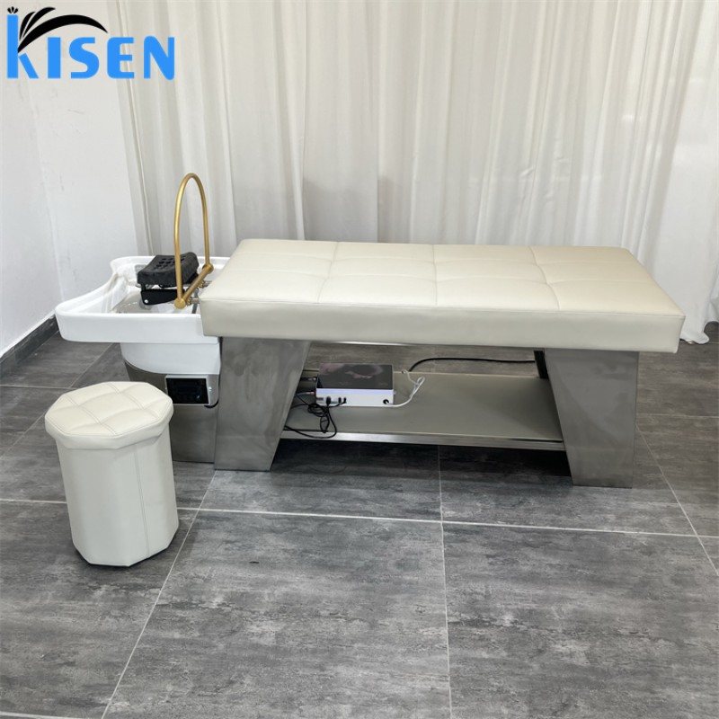 Kisen Hot Sale Grey Hydraulic Massage Shampoo Chair Bed Salon Shampoo Bowl and Chair With Storage Cabinet