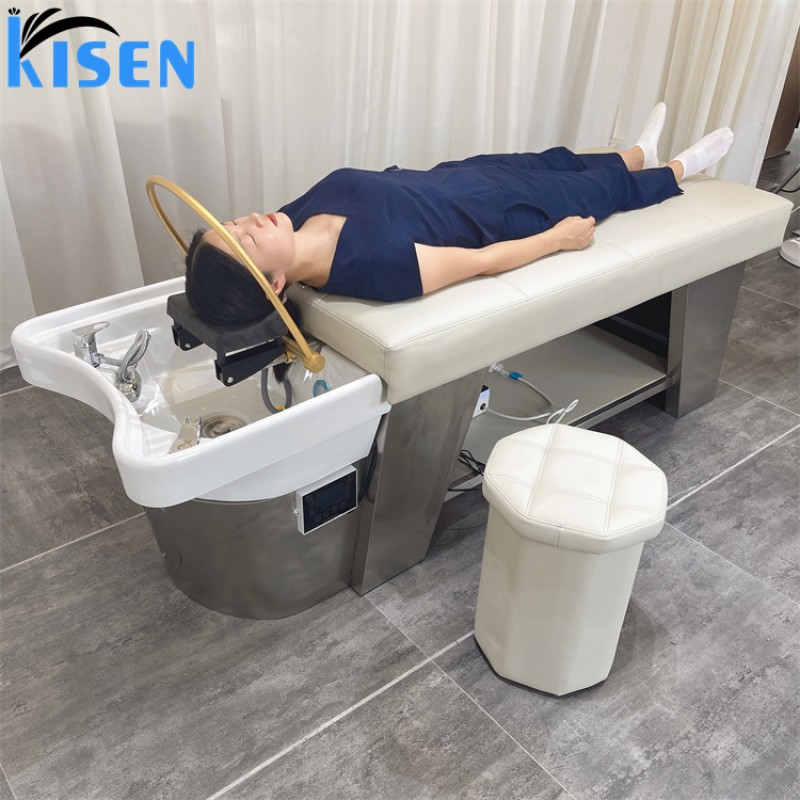 Kisen Hot Sale Grey Hydraulic Massage Shampoo Chair Bed Salon Shampoo Bowl and Chair With Storage Cabinet