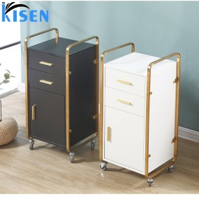 Kisen Cheaper Beauty Spa Nail Salon Furniture Equipment Plywood MDF White with Gold Metal Trolley Cart with Drawer for Sale