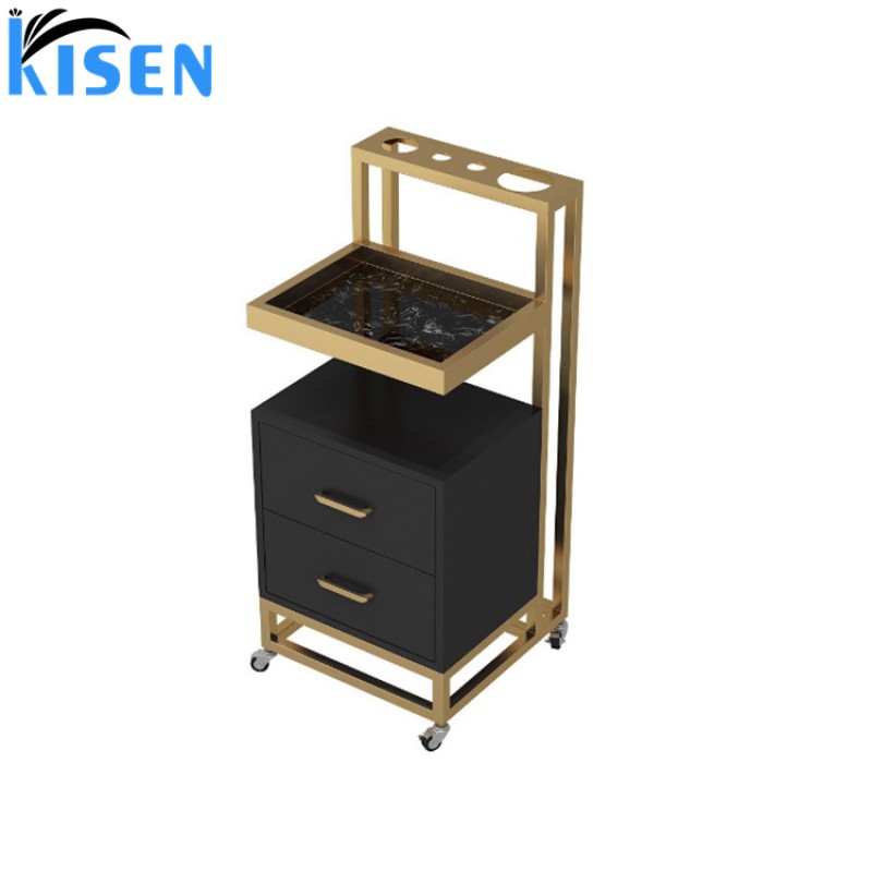Kisen High Quality Makeup Trolley Cart Stainless Steel Metal Gold Plated Portable Hair Salon Beauty Hairdressing Tool Trolley