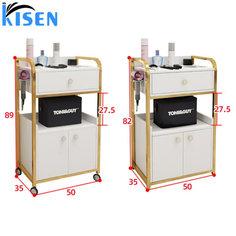Kisen Luxury Makeup Trolley Cart Hair Salon Furniture Stainless Steel Gold Double Drawer Beauty Salon Trolley