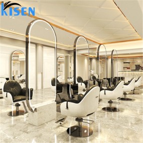 Kisen Modern Luxury Salon Equipment Furniture Makeup Beauty Single/Double Side LED Light Barbershop Mirror on Sale