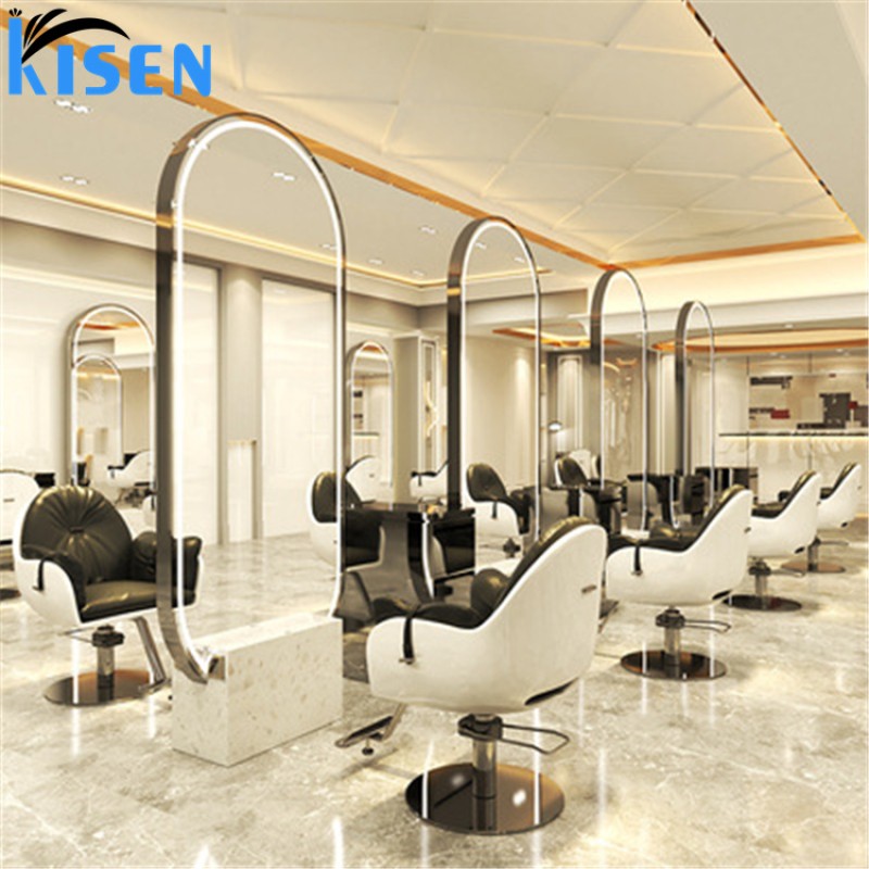 Kisen Modern Luxury Salon Equipment Furniture Makeup Beauty Single/Double Side LED Light Barbershop Mirror on Sale