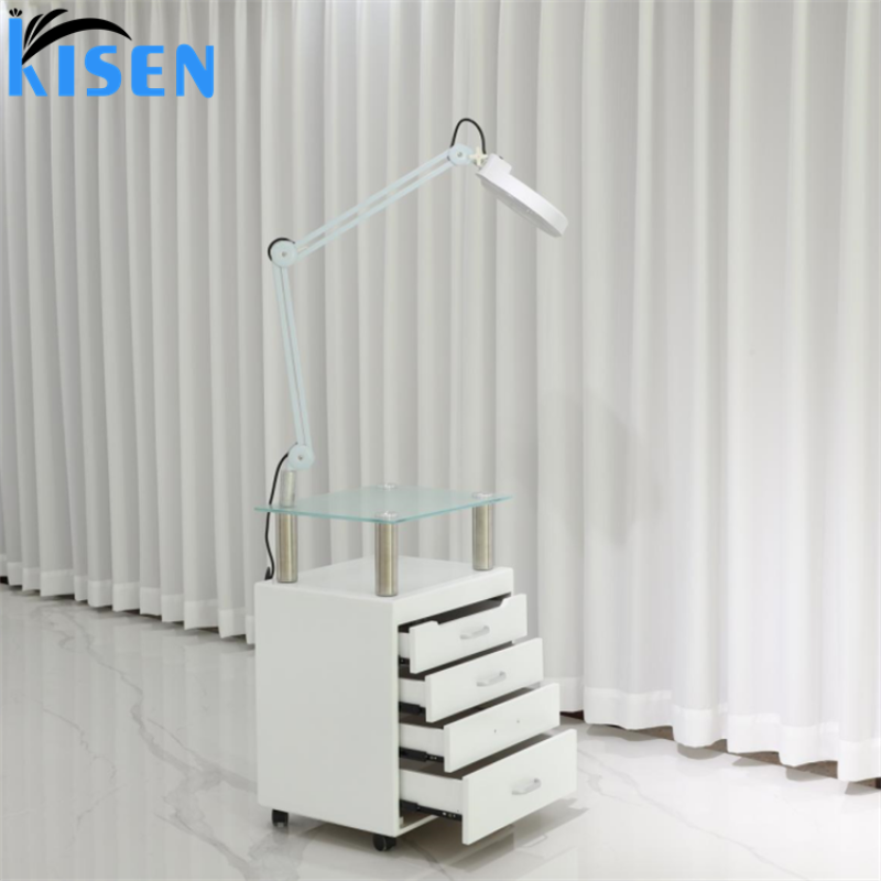 Kisen Beauty Spa Salon Furniture Equipment Beauty Trolley White with Wood Cabinet Cart with Lamp for Beauty Salon